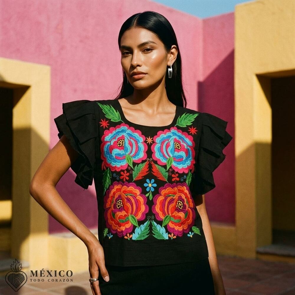 Traditional Mexican Huipil style Blouse – Handmade Embroidered Manta Top S M